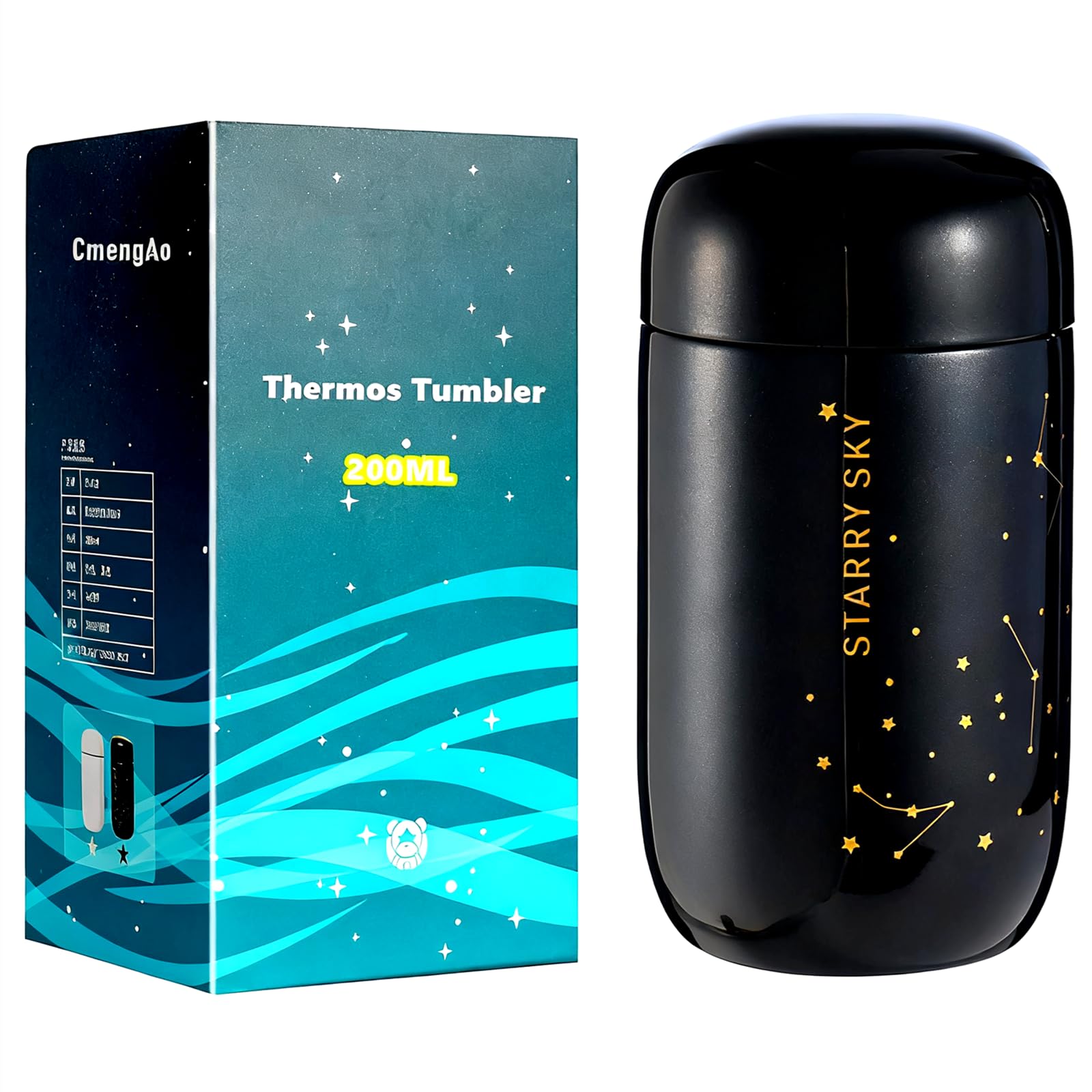 Mini Starry Sky Thermal Water Bottle, 7oz Stainless Steel Vacuum Insulated Bottle Pocket Flask for Lovers (black)