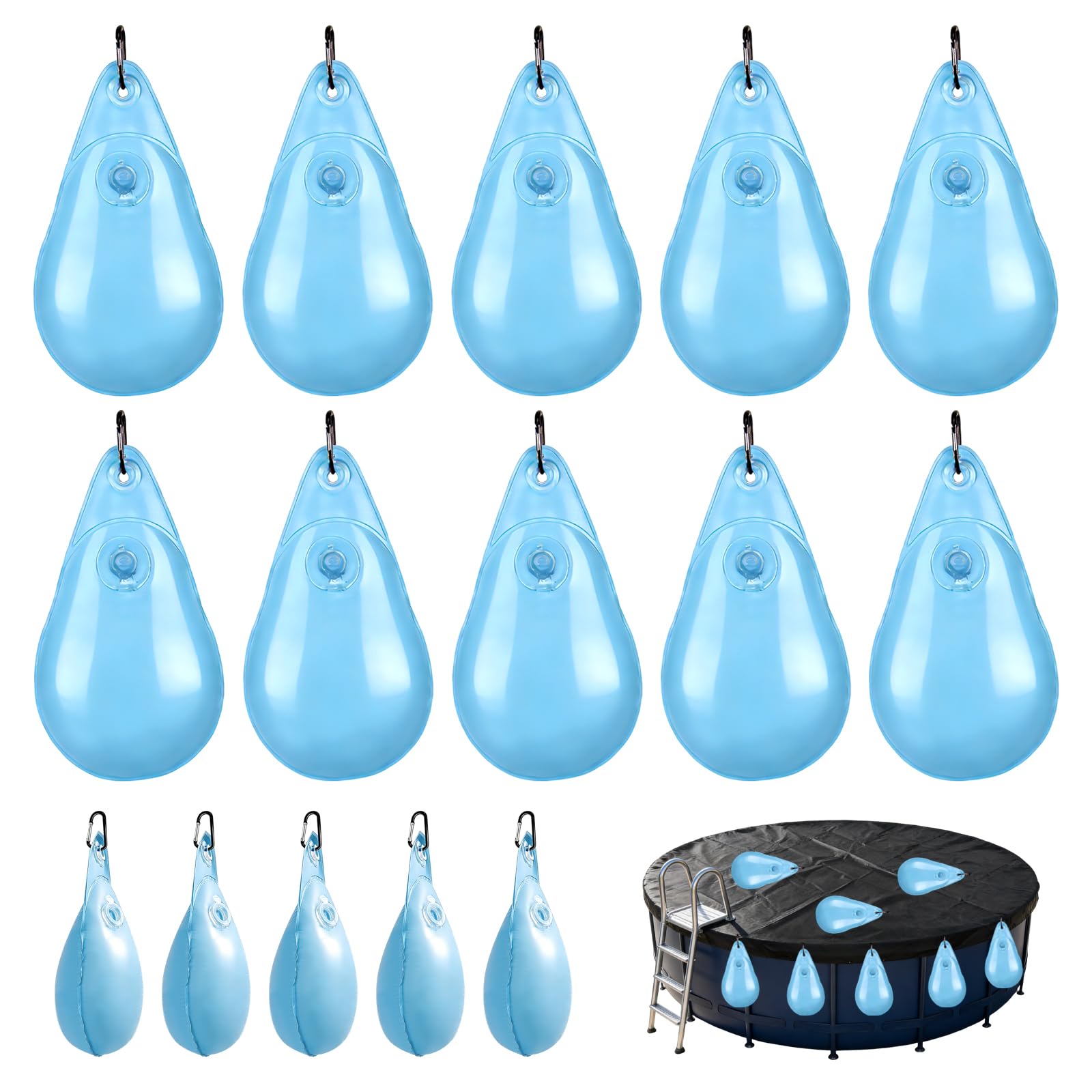 Lot de 15 sacs à eau épais en forme de goutte pour piscine - Sac de lestage pour piscine - Sac suspendu avec valve anti-fuite pour bâche de piscine