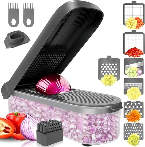 Miniatura 8 de LHS Picador multifuncional de alimentos, cebolla, cortador de verduras, cortador de papas, picador de verduras con recipiente (4 en 1, negro) Negro