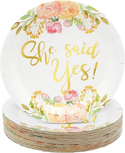 Miniatura 1 de Sparkle and Bash Paquete de 48 platos dorados de lámina dorada con texto en inglés "She Said Yes" para fiestas de compromiso, decoraciones de