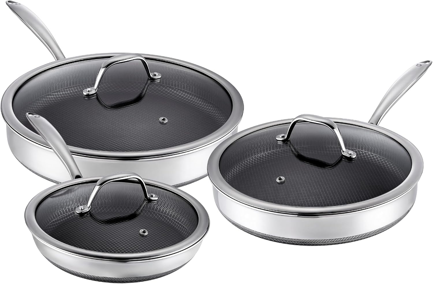 Quick-Release Stainless Steel Fry Pan Set, 22, 26 and 30 cm Saucepans with Tempered Glass Lids, Oven and Dishwasher Safe