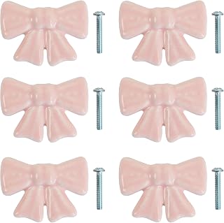 Pink Bow Ceramic Drawer Knobs, 6 Pack Cute Bow Shaped Cabinet Pulls, Decorative Dresser Handles for Nursery, Kids Bedroom, Bathroom, Furniture Hardware with Screws