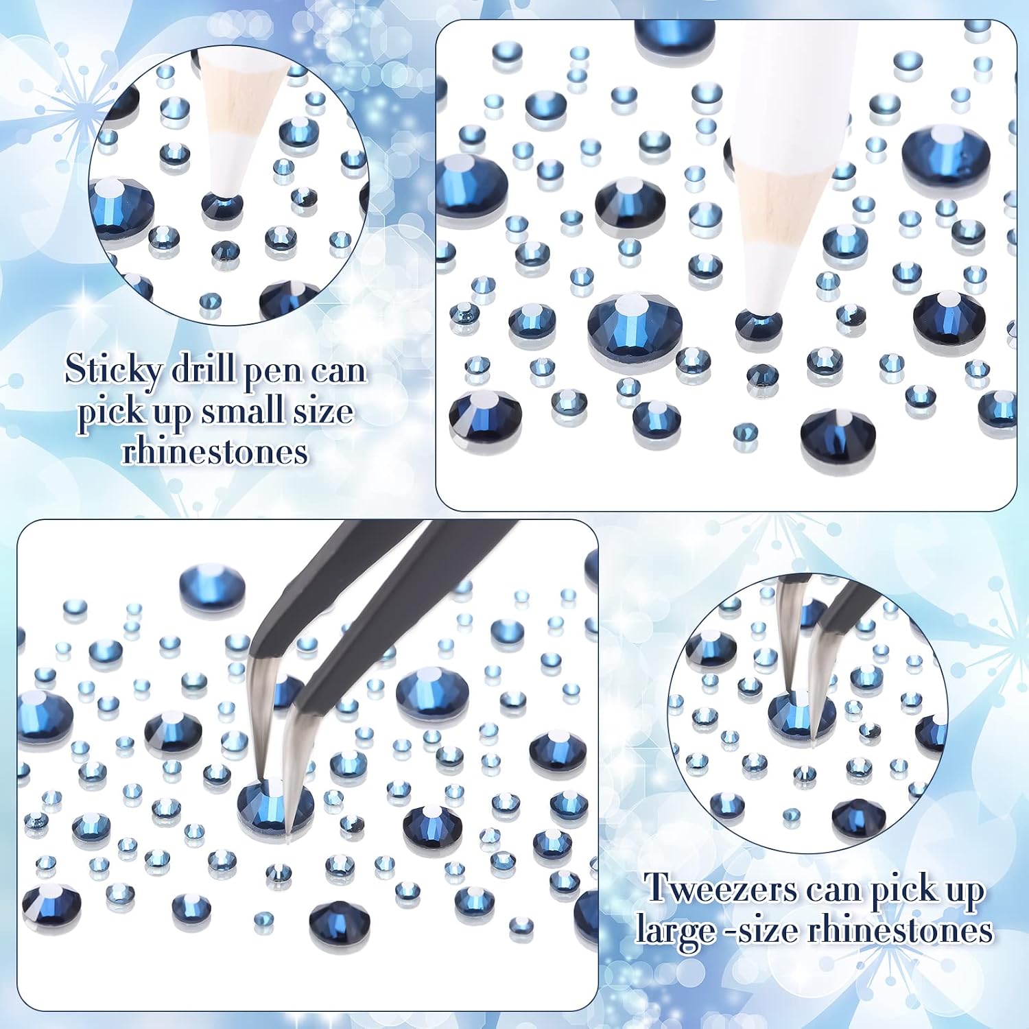 TecUnite 2000 Pieces Flat Back Gems Rhinestones 6 Sizes (1.5-6 Mm) Round Crystal Rhinestones with Tools for Crafts Nail Clothes Shoes Bags DIY Art (Navy Blue)