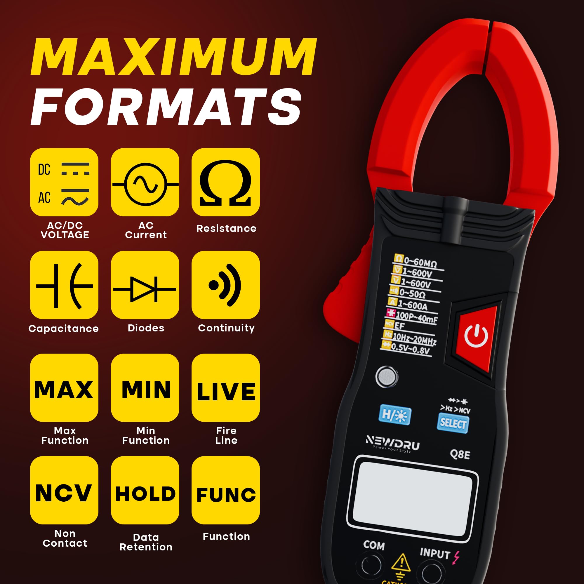 NEWDRU VoltGuard Pro Digital Clamp Meter | 6000 Counts Multimeter with Non-Contact Testing | Measures AC/DC Voltage, Current, Resistance, Capacitance & Frequency | High Accuracy & Multi-Use - Image 6 thumbnail
