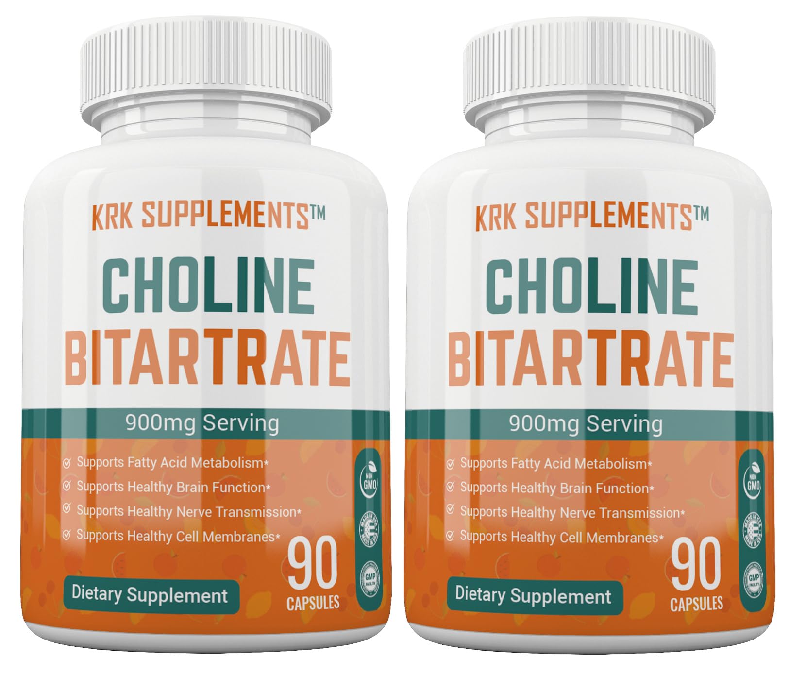 2 Bottles Choline Bitartrate 900mg Per Serving 180 Total Capsules KRK Supplements
