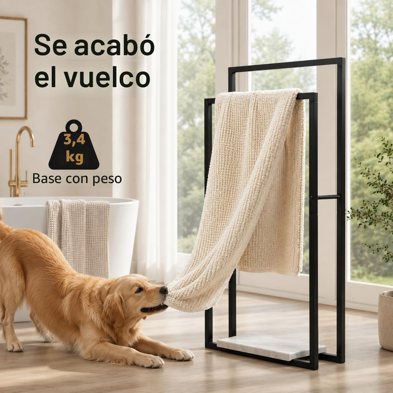 KES Toallero de Pie Toallero Negro con Base Mármol Toalleros de Baño 2 Niveles Barra Toallas Baño Barra, BTH501-BK