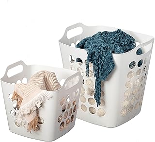 Basicwise Set of 2 Plastic Laundry Baskets with Handles Large & Small Ventilated Hampers for Clothes Storage & Organization Lightweight Stackable Bins for Bedroom Bathroom Dorm and Washing Area, White