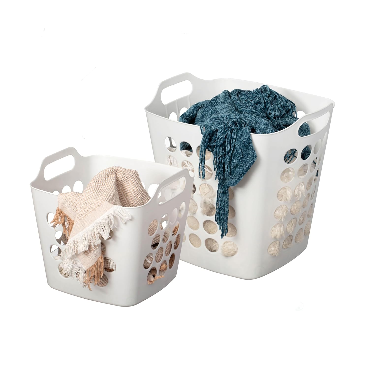 Basicwise Set of 2 Plastic Laundry Baskets with Handles Large & Small Ventilated Hampers for Clothes Storage & Organization Lightweight Stackable Bins for Bedroom Bathroom Dorm and Washing Area, White