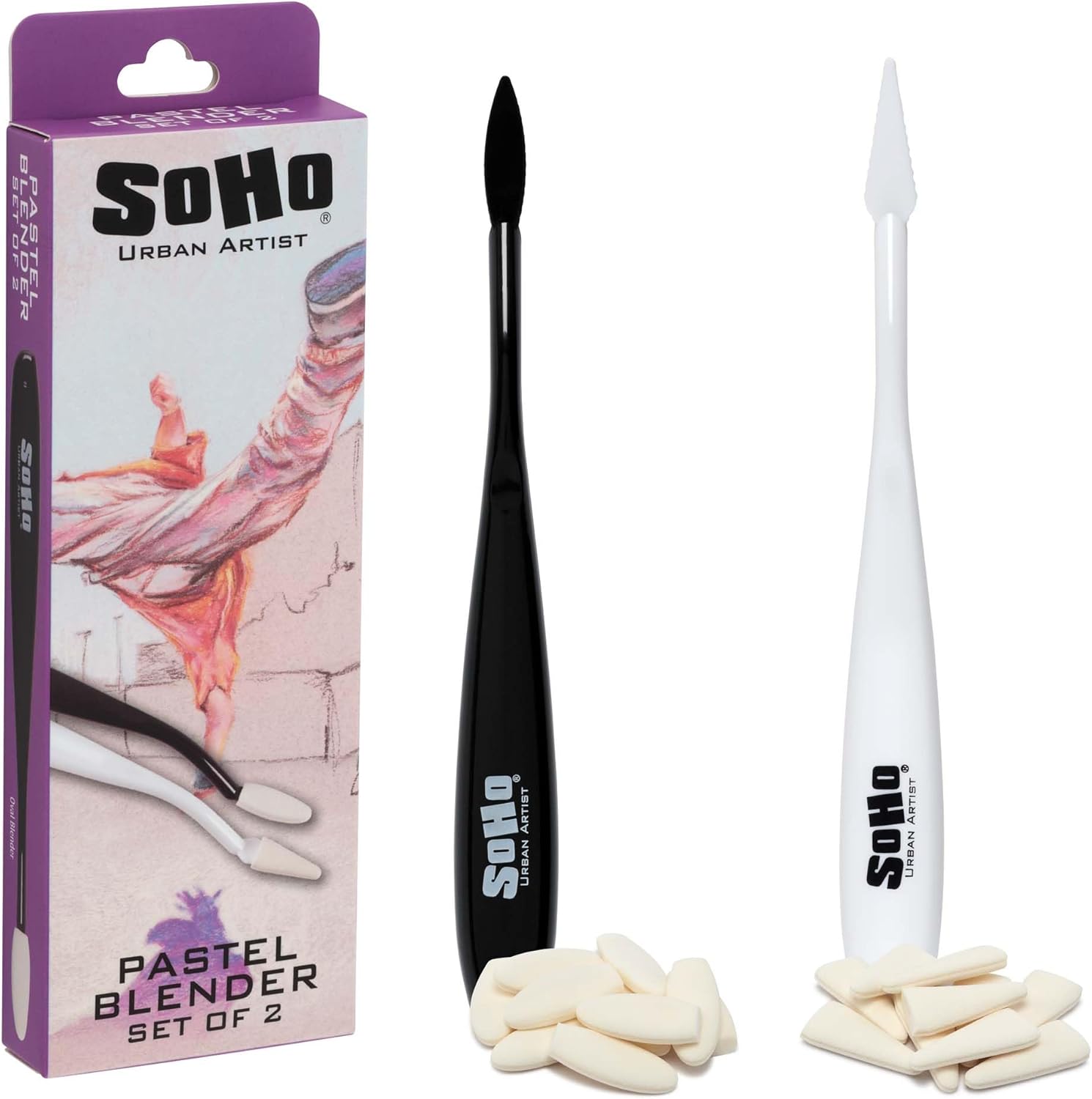 SoHo Urban Artist Pastel Blender Knife Set of 2-17 Pack, 34 Total - Soft Pastel Blending Tools w/ 140 Mixed Foam Covers - Oval & Pointed Applicator