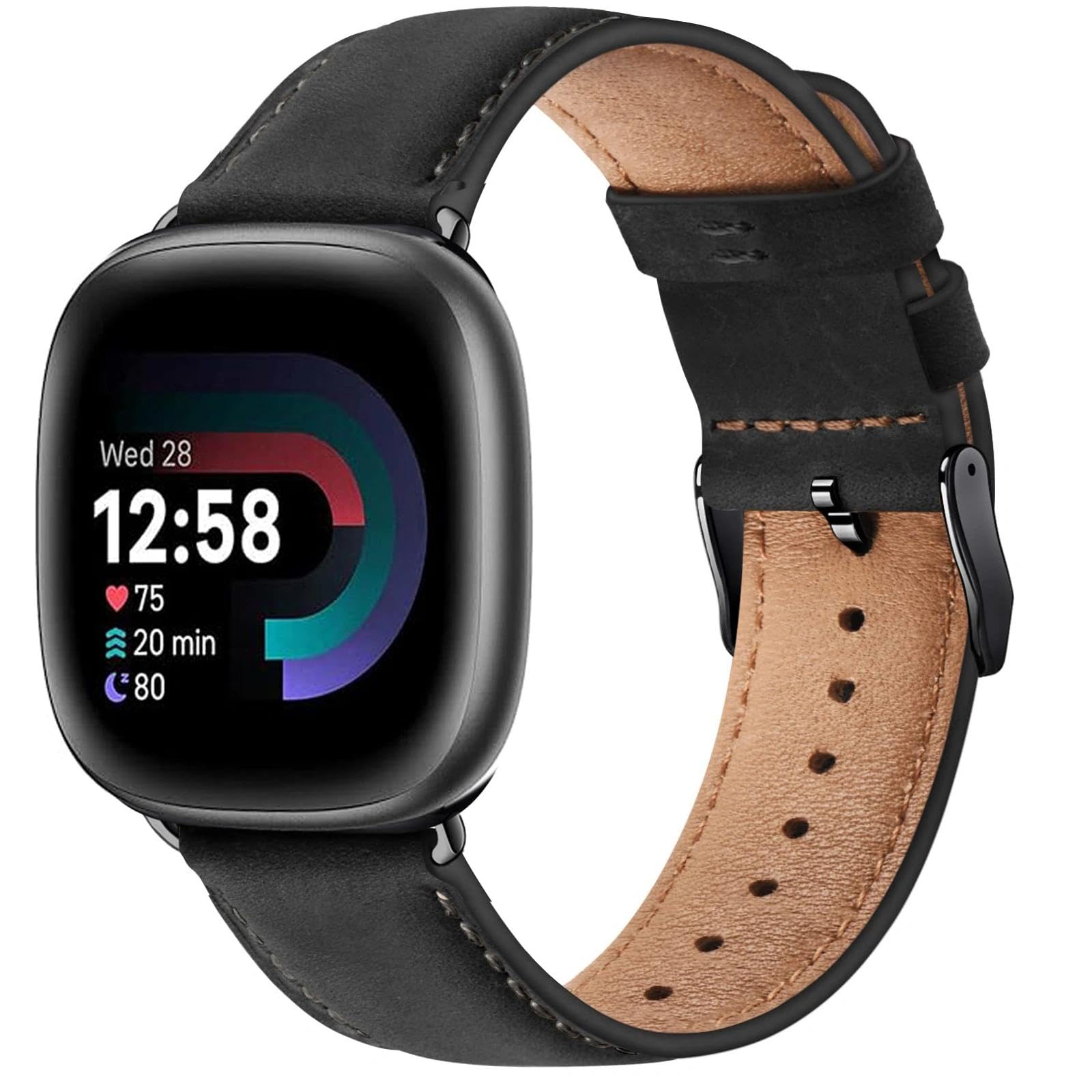 TUV PLNT Leather Strap Compatible With Fitbit Versa 4 Strap/versa 3/Sense 2/Sense for Men, Leather Replacement Band (Black)