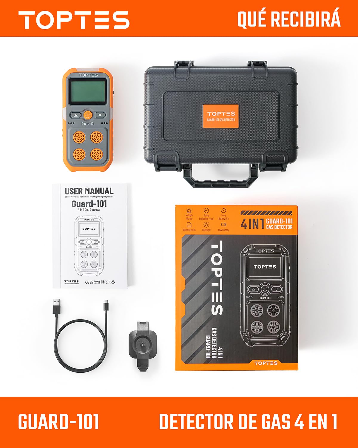 TopTes Guard-101 Detector de Gas, Monitor de 4 Gases para H2S, CO, LEL y O2, con Alarmas de Vibración, Visuales y Sonoras, 14h de Autonomía, Seguridad Antidesflagrante, para Trabajo y Casa - Naranja