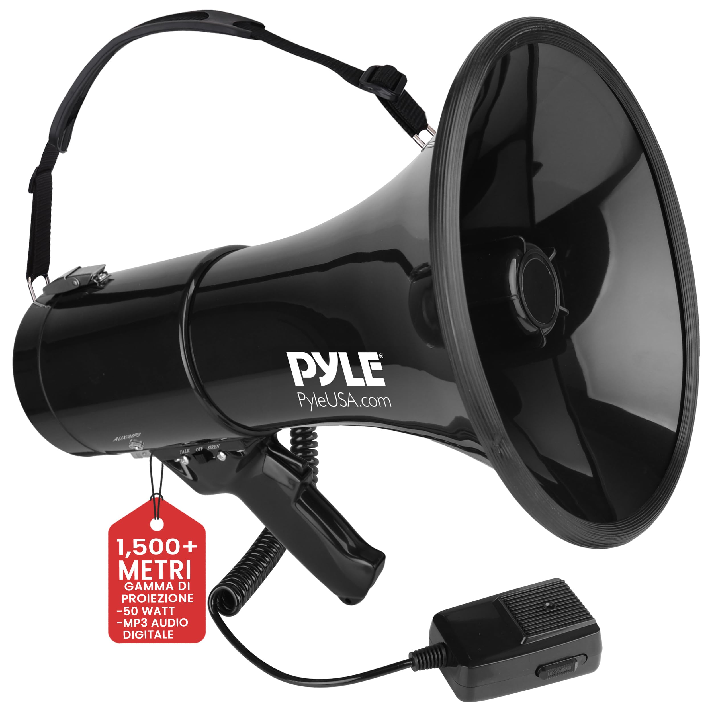 Pyle Megafono con Sirena Integrata 50 Watt e Megafono Portatile Volume Regolabile per Sport, Calcio, Basket, Baseball, Fans e Allenatori di Cheerleading e Sicurezza, Nero