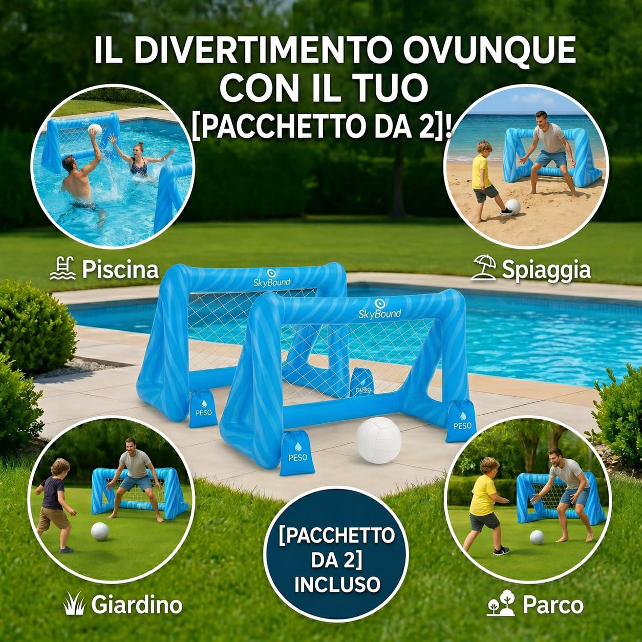 SkyBound Set 2 Porte Gonfiabili da Pallanuoto: Il miglior gioco in piscina per bambini - Porta da calcio acquatico con 4 zavorre e palla - Ideale per l'estate e feste in giardino - Pack da 2.