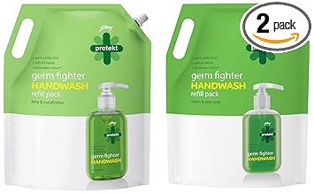 Godrej Protekt Germ Fighter Handwash Refill Pack | Lime & Eucalyptus | Germ Protection & Soft on Hands - 1.5 L & Godrej Protekt Germ Fighter Handwash Refill, Neem & Aloe Vera - 1.5 Litre
