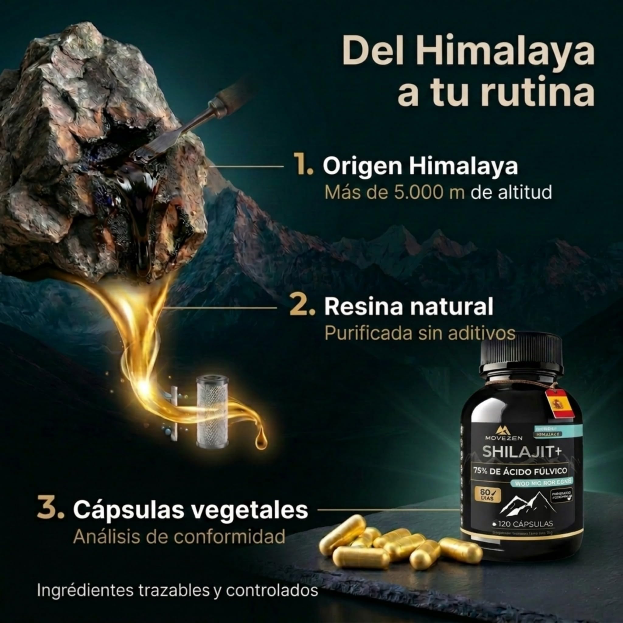 Shilajit+ Cápsulas Movezen, Himalaya, 120 Cápsulas Veganas, Sin Sabor, 1000 mg por Dosis, ≥75% Ácido Fúlvico, 85 Minerales, Hasta 120 Días, Analizado por Eurofins, Calidad Europea (Mumijo)