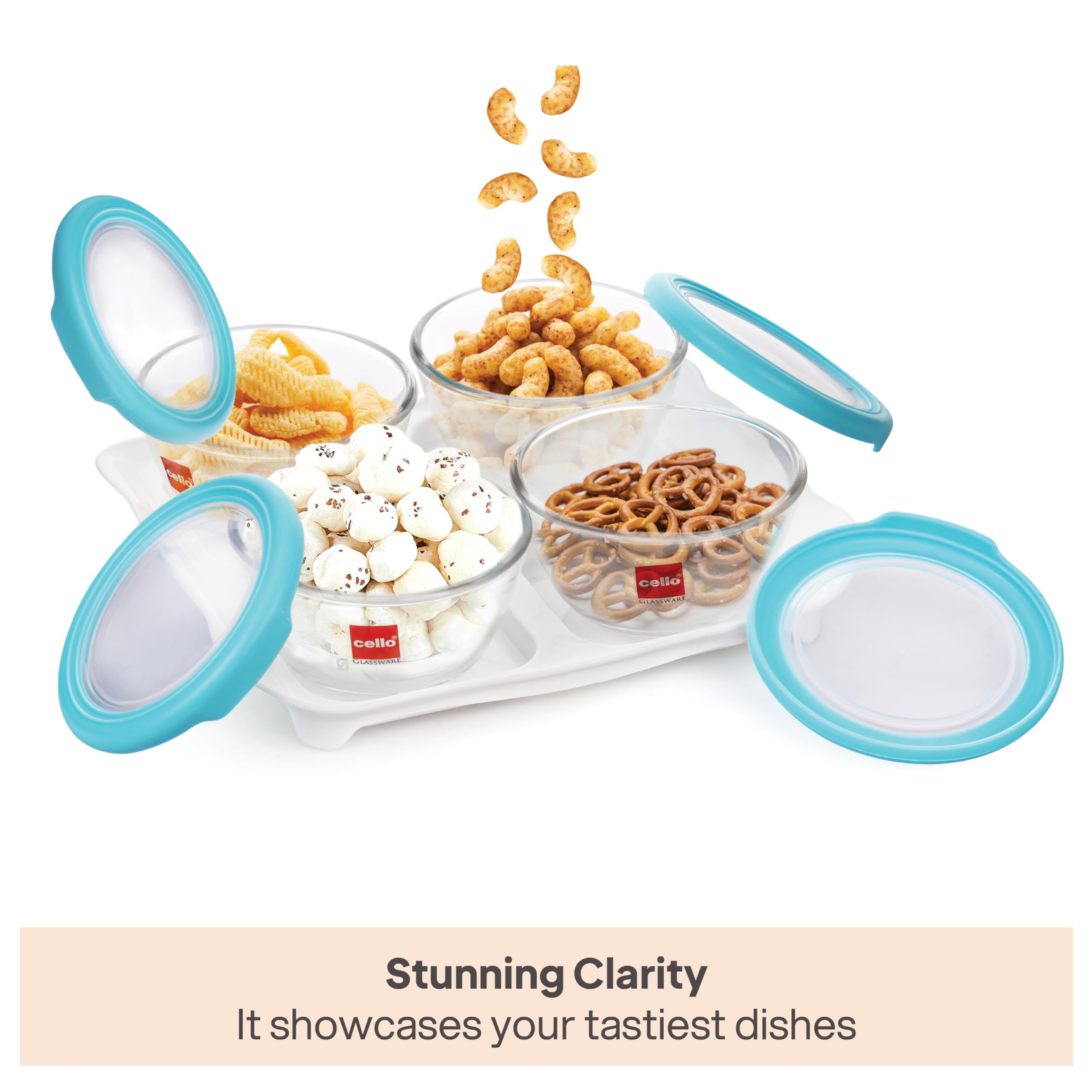 Cello Snack Tray Set, Serving Bowls, Microwave Safe, 320 ml Each (Set of 4) with Tray - Image 4 thumbnail