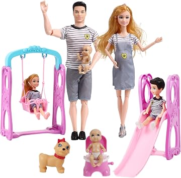 Family Doll Set of 6 Pregnant Mom Dad and 3 Kids Baby Boy Tummy Toddler Kids Toys Gift Happy Family Doll Members Parents Children with Slide Dog
