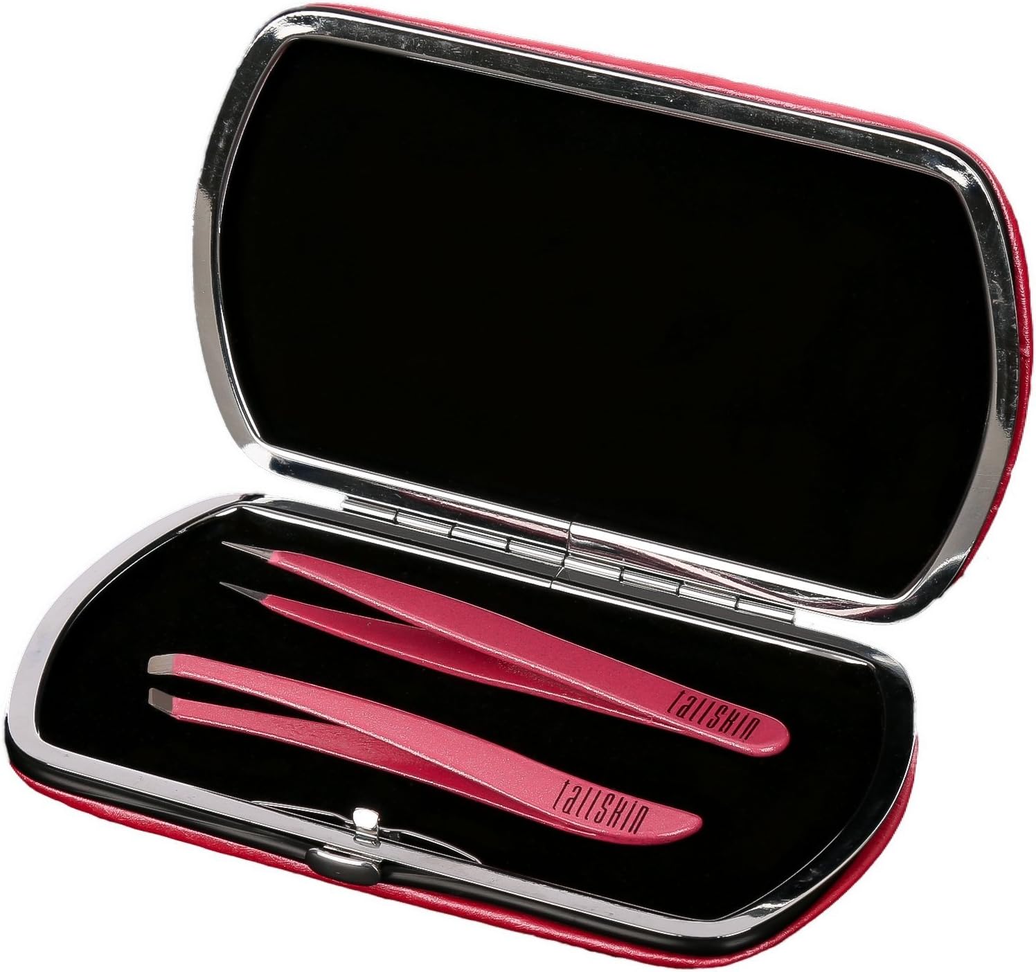 Premium Stainless Steel Tweezers Set, Curved Designed Slanted Tip and Pointed Tip, with Sleek Magnetic Storage and Carrying Case, Pink Shimmer, 2 Piece