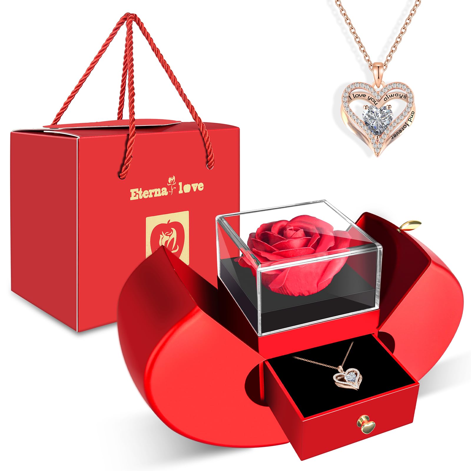 Preserved Flower Red Rose with Heart Necklace