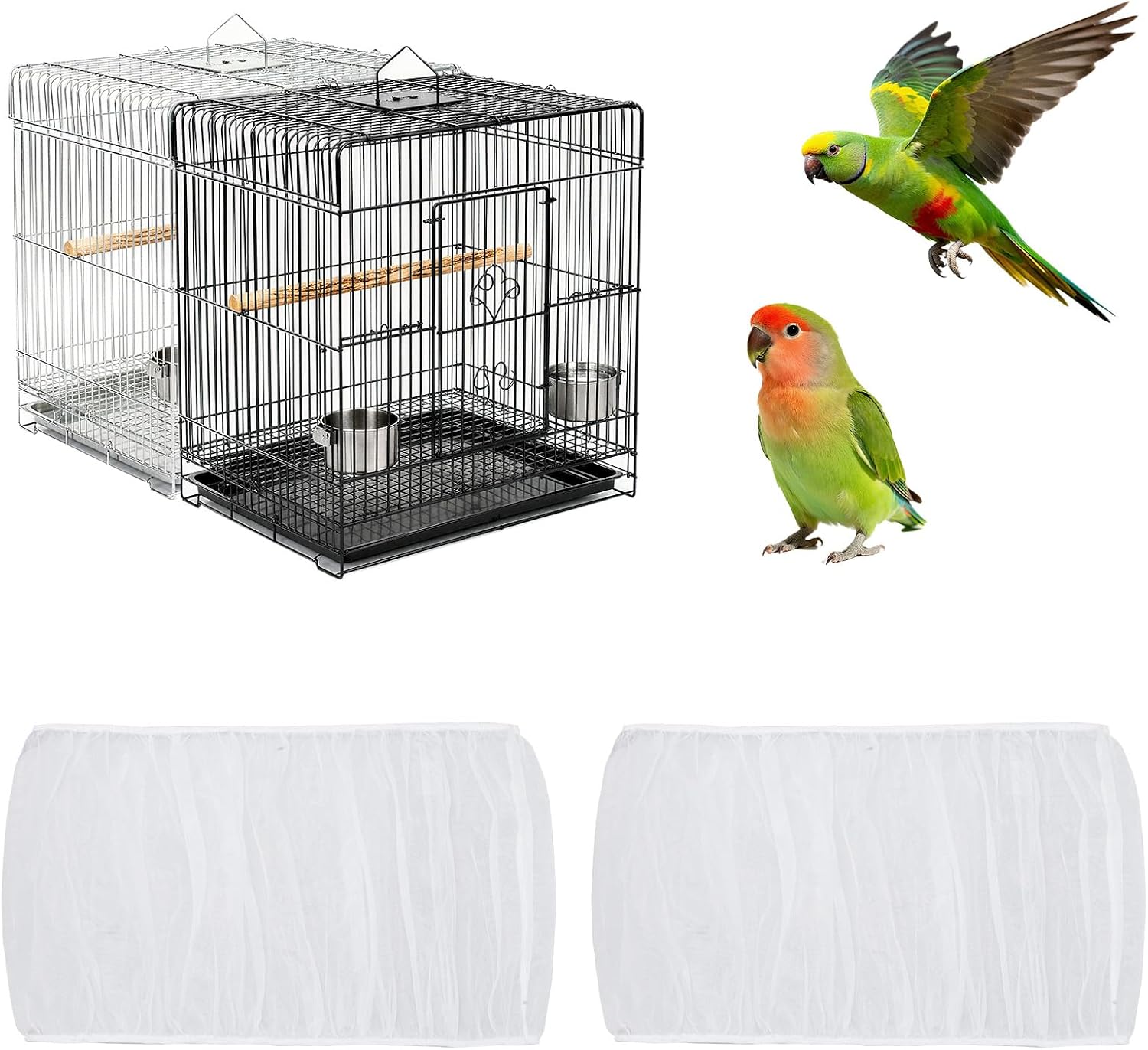 Fengek 2 Pcs Adjustable Bird Cage Cover & Seed Catcher Net - Stretchy Bird Cage Accessories for Night Cover & Seed Guard (White, XL)