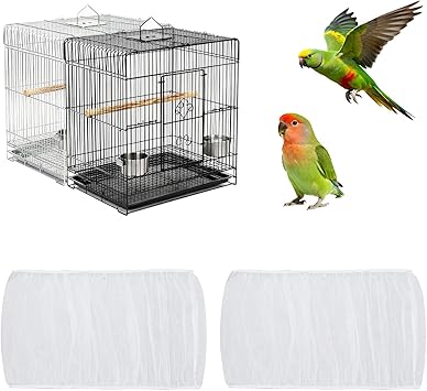 Fengek 2 Pcs Adjustable Bird Cage Cover & Seed Catcher Net - Stretchy Bird Cage Accessories for Night Cover & Seed Guard (White, XL)