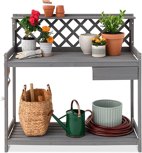 Best Choice Products Banco para macetas de jardín al aire libre, mesa de trabajo de madera con cajón de gabinete, estante abierto, almacenamiento