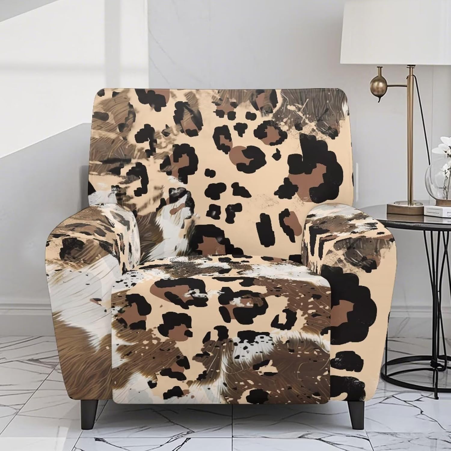 FOR U DESIGNS Leopard Stain Resistant Recliner Cover 4-Piece Set Elastic Stretch Fabric with Storage Pockets Universal Fit for Small Recliners Scratch Proof