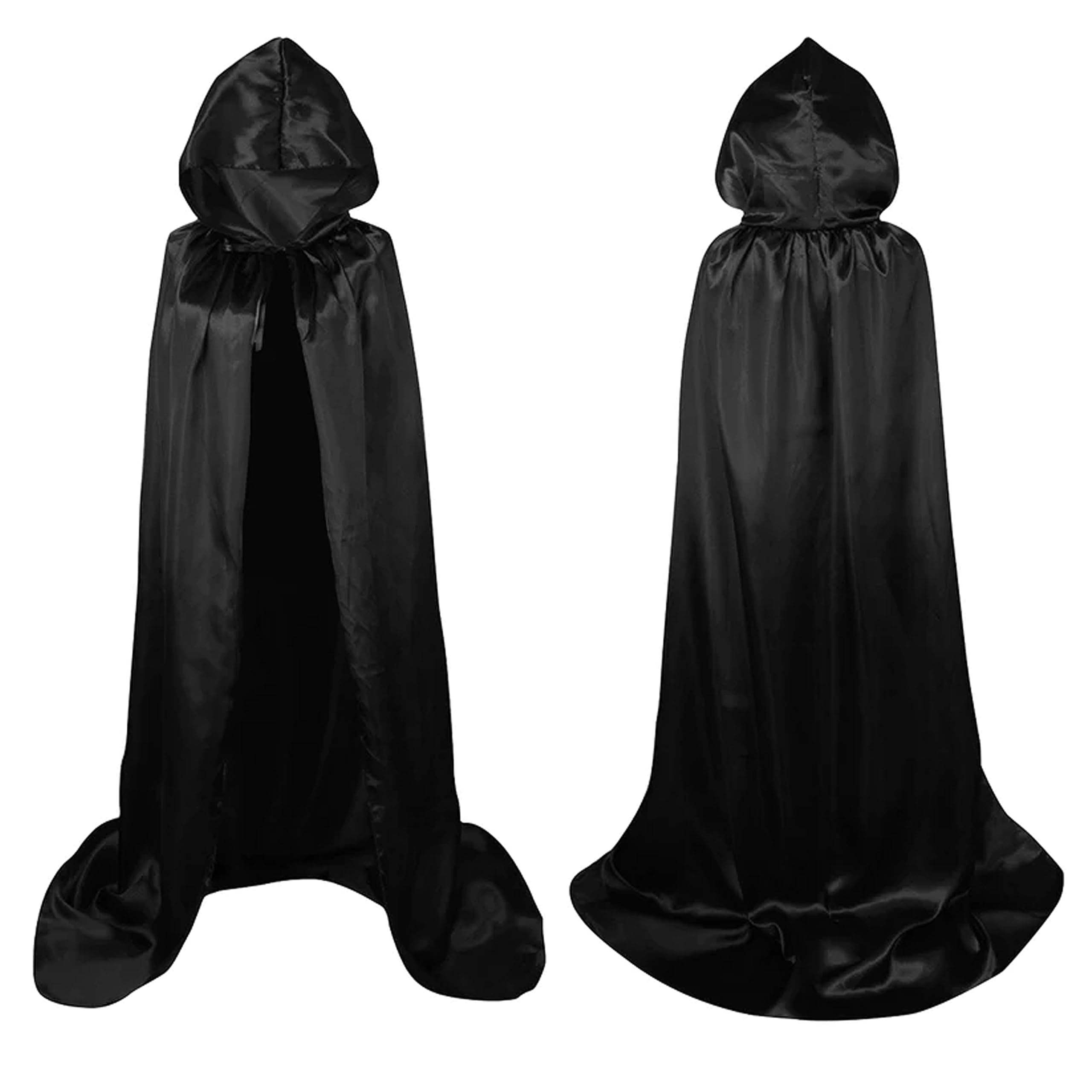 Lang Horn Satin Hooded Cape for Adults, Unisex Cloak with Hood for Halloween Christmas Fancy Dress Costume (150/60, Black)
