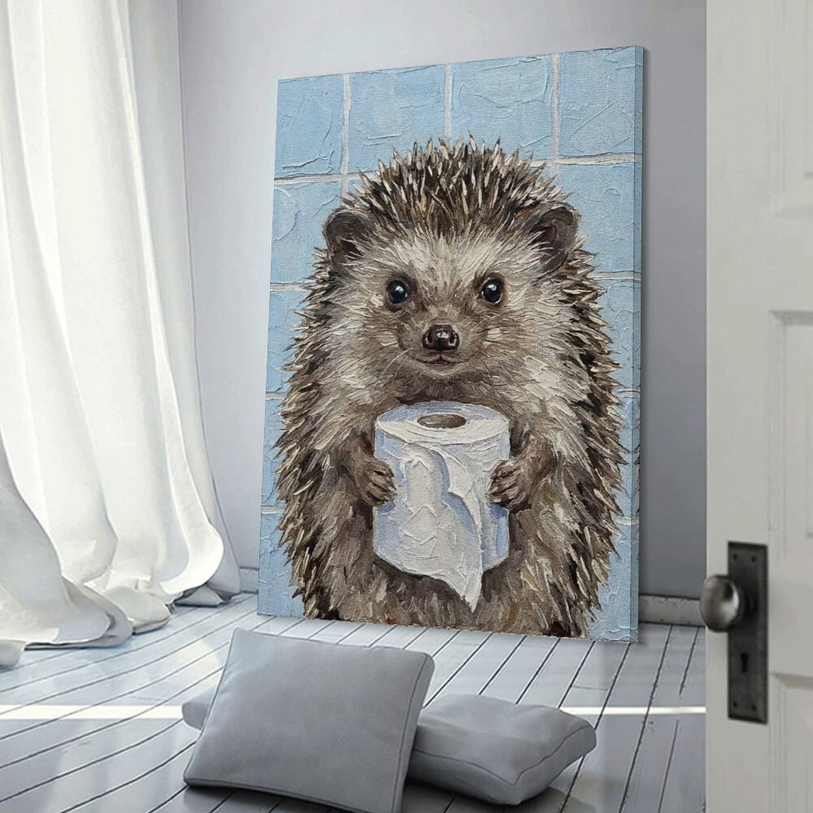 Junmoney Hedgehog Holding Toilet Paper Roll Painting Wall Decor Canvas Print, 24x36inch(60x90cm), for Flats, Guest Rooms Or Compact Rooms, A Simple Refresh for Blank Walls
