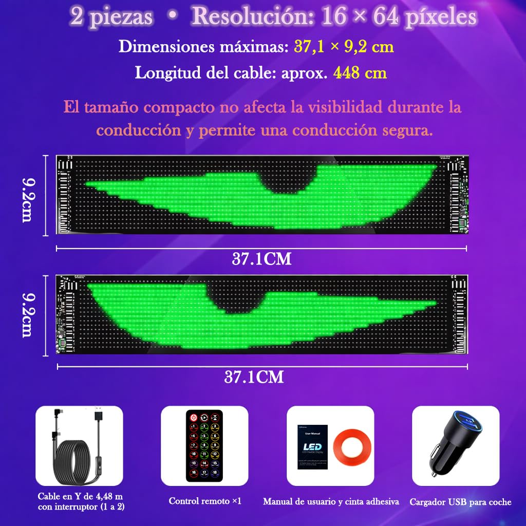 LED Ojos “Devil Eyes” para Coche – Pantalla LED USB Programable para Parabrisas/Ventana Trasera, Impermeable, Ultrafina y Flexible, Panel Matrix Dinámico Softscreen DIY, 2 Piezas, 9,2 × 37,4 cm
