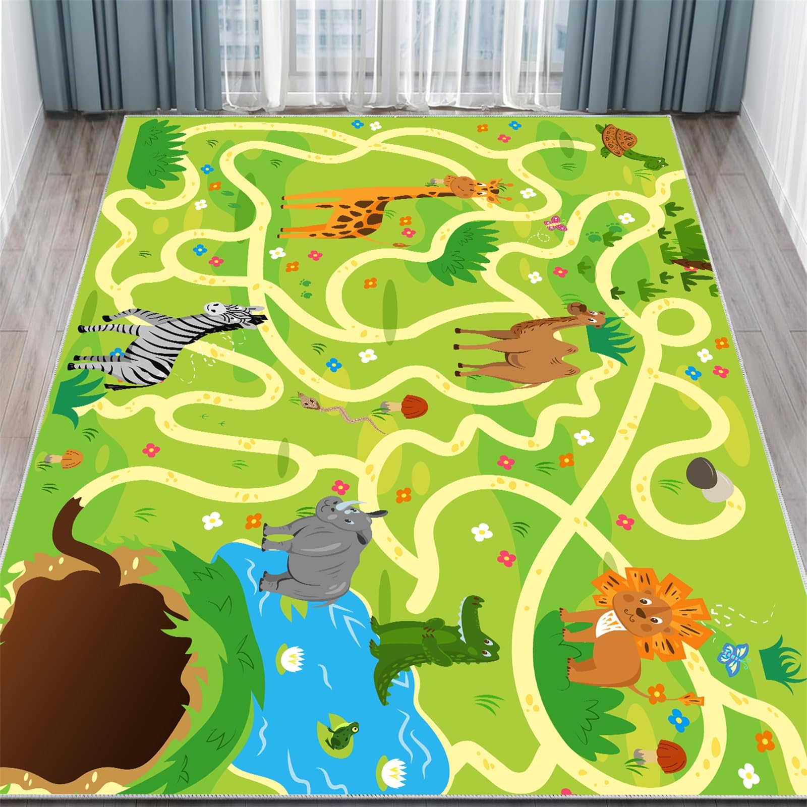 Educational Maze Play Area Rug 180x300cm, Animal Jungle Theme Classroom Rugs,Zoo Play Mat， Non-Slip Washable Soft Floor Carpet with Deer, Lion, Zebra Patterns for Playroom, Bedroom