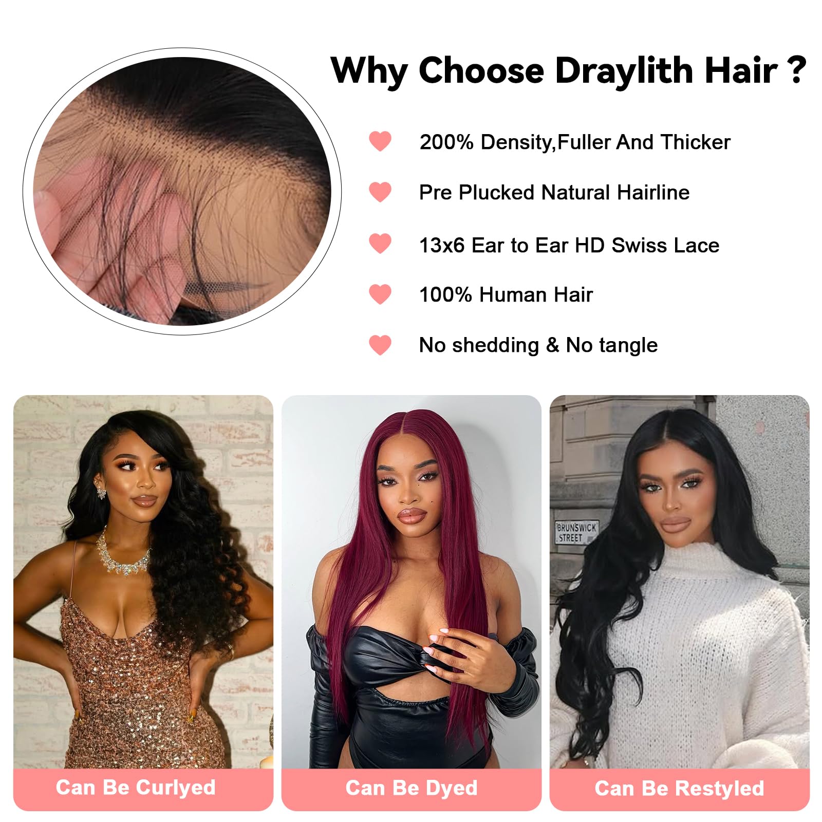 13x6 Lace Front Human Hair Wig 20 Inch Straight 200 Density Glueless 13x6 HD Lace Frontal Wig Natural Black - 200% Density main image 3