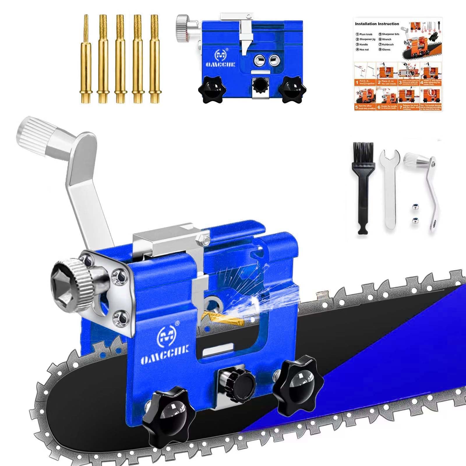 Chainsaw Sharpener with 5 High Hardness Titanium Plated Diamond Bits, Universal Manual Portable Chain Saw Sharpener Jig Kit Tool for 4-22 Inch Chain Saws Sharpening Blue