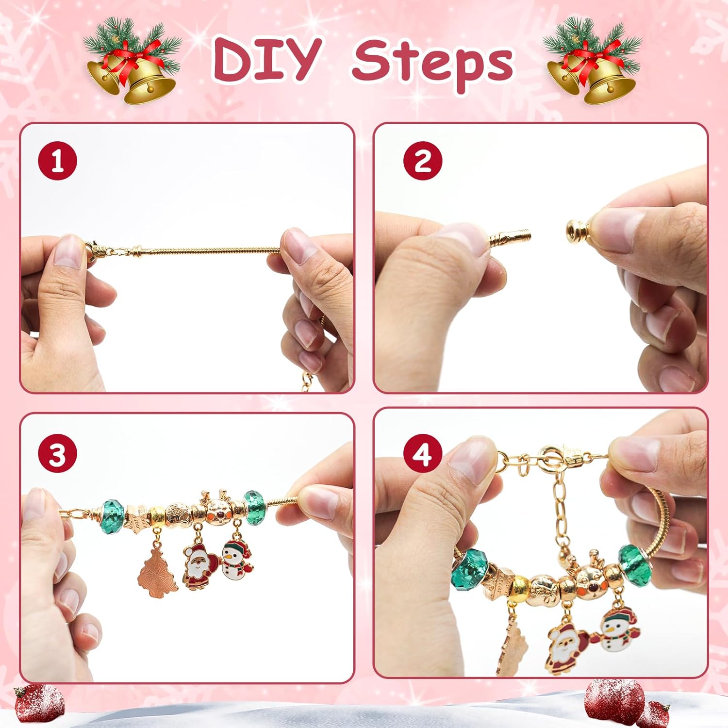 2025 Pink Christmas Charm Bracelet Advent Calendar, Blind Box with 22 Pendants and 2 Bracelets, 24 Days Countdown Charm Bracelet Advent Calendar Contains 24 Gifts for XMAS Tree Hanging Ornaments Decorations Christmas Eve - Image 3