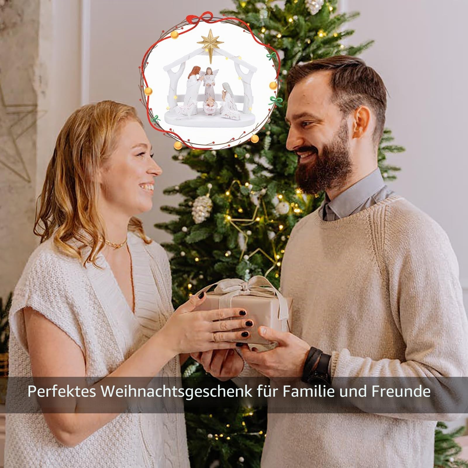 Weihnachtskrippen-Set für Weihnachten im Innenbereich mit LED-Lichtern, Krippe und Figuren - Weihnachtsdekoration