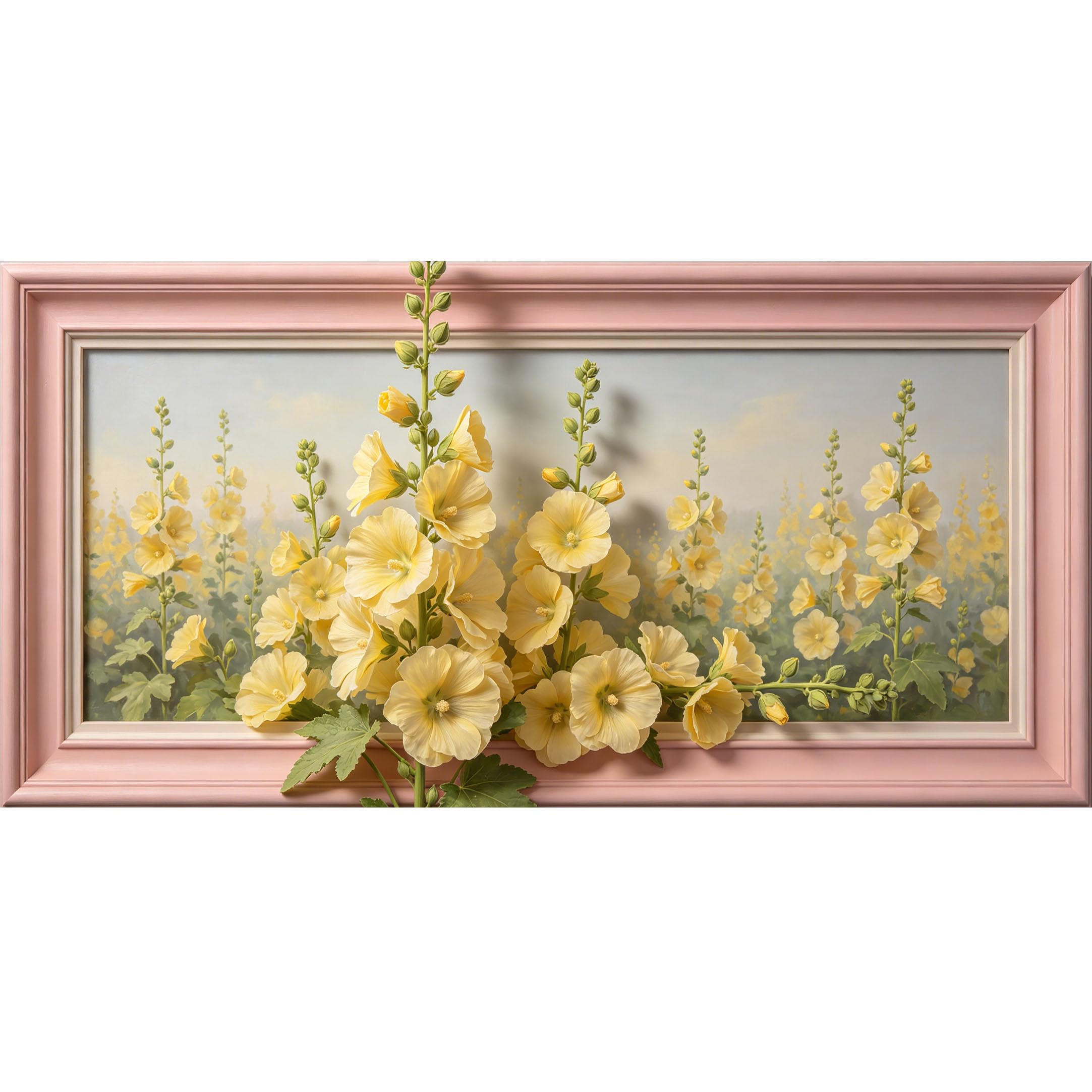 Agglomerix 3D Framed Wall Art Hollyhock Floral Botanical Watercolor Bloom Petals Large Size Self-Adhesive Removable Wall Decor Prints Artwork for Living Room Bedroom Office