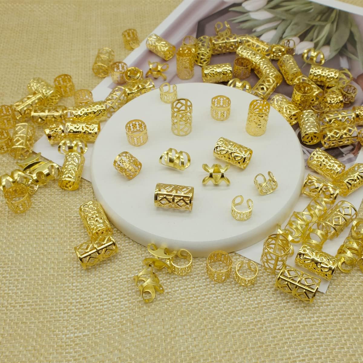 100 PCS Gold Dreadlock Beads Locs Accessories for Hair, Hair Jewelry for Braids Hair Rings for Women and Girls, Adjustable Cuffs Braiding Hair Rings Decoration
