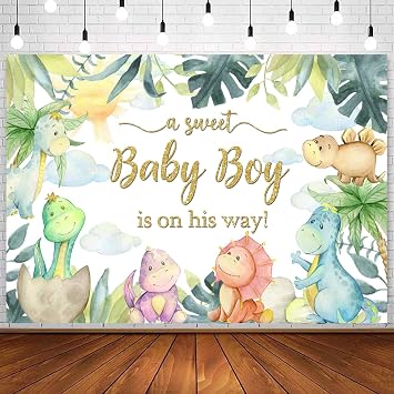 Withu Dinosaur Boy Baby Shower Backdrop Watercolor Jungle Tropical Palm Leaves Cartoon Dino T-rex Newborn Theme Party Decorations Background Banner 7x5ft