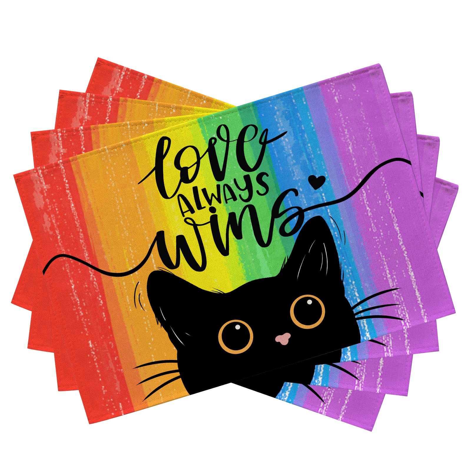 SeliemGay Pride LGBTQ Rainbow Placemats Set of 4, Love Always Wins Black Cat Lesbian Pansexual Dining Table Place Mats, Pride Month Kitchen Decor Home Decoration 12 x 18 Inch