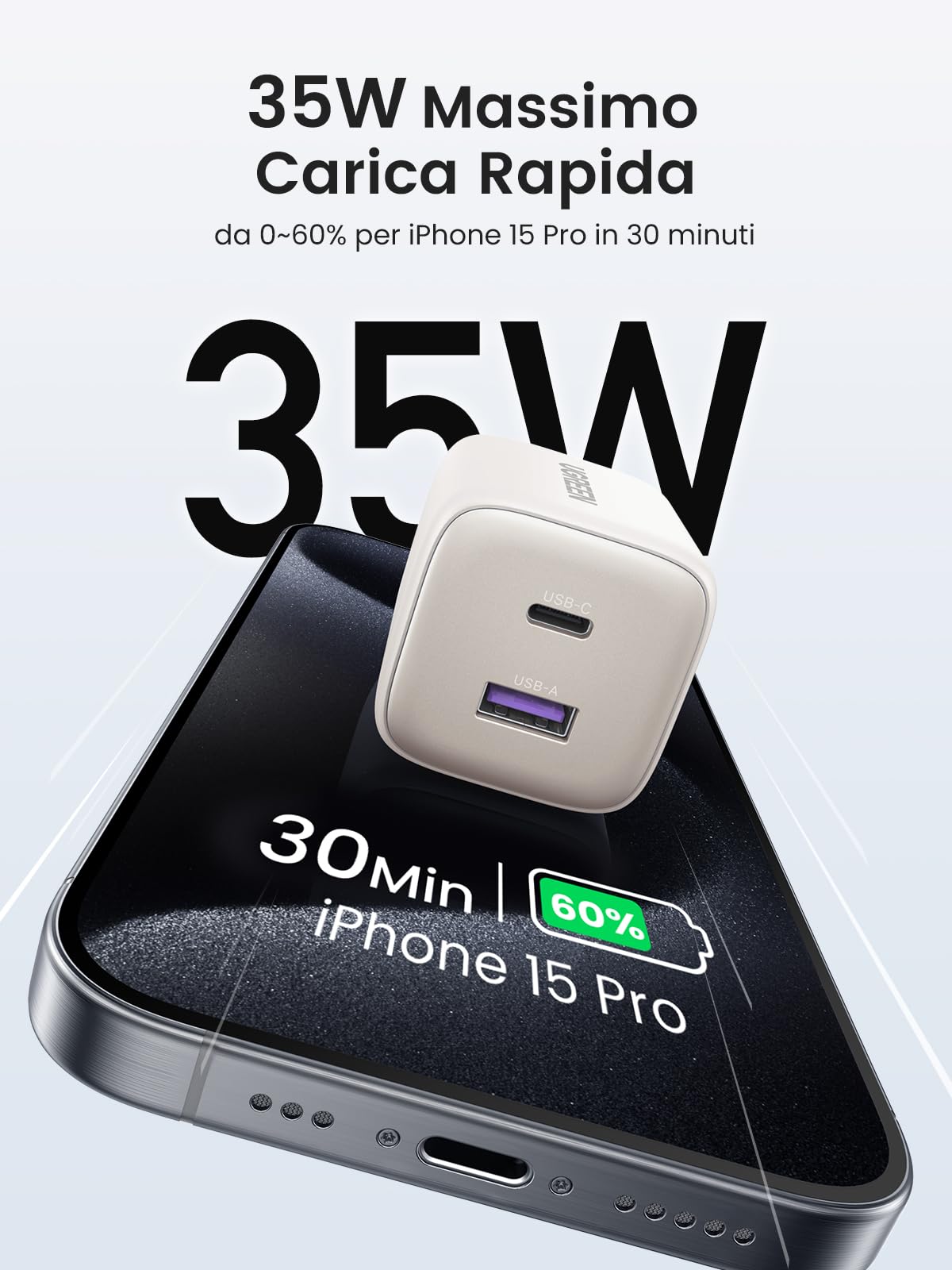 UGREEN Nexode 35W Caricatore USB C GaN, Caricabatterie Type A 22.5W Compatibile con Galaxy S24 Ultra/ S23/ S22 Plus/ S21, Pixel 8 7 6, iPhone 16/15/14/13, iPad PRO/Air/Mini, MacBook M2 Bianco