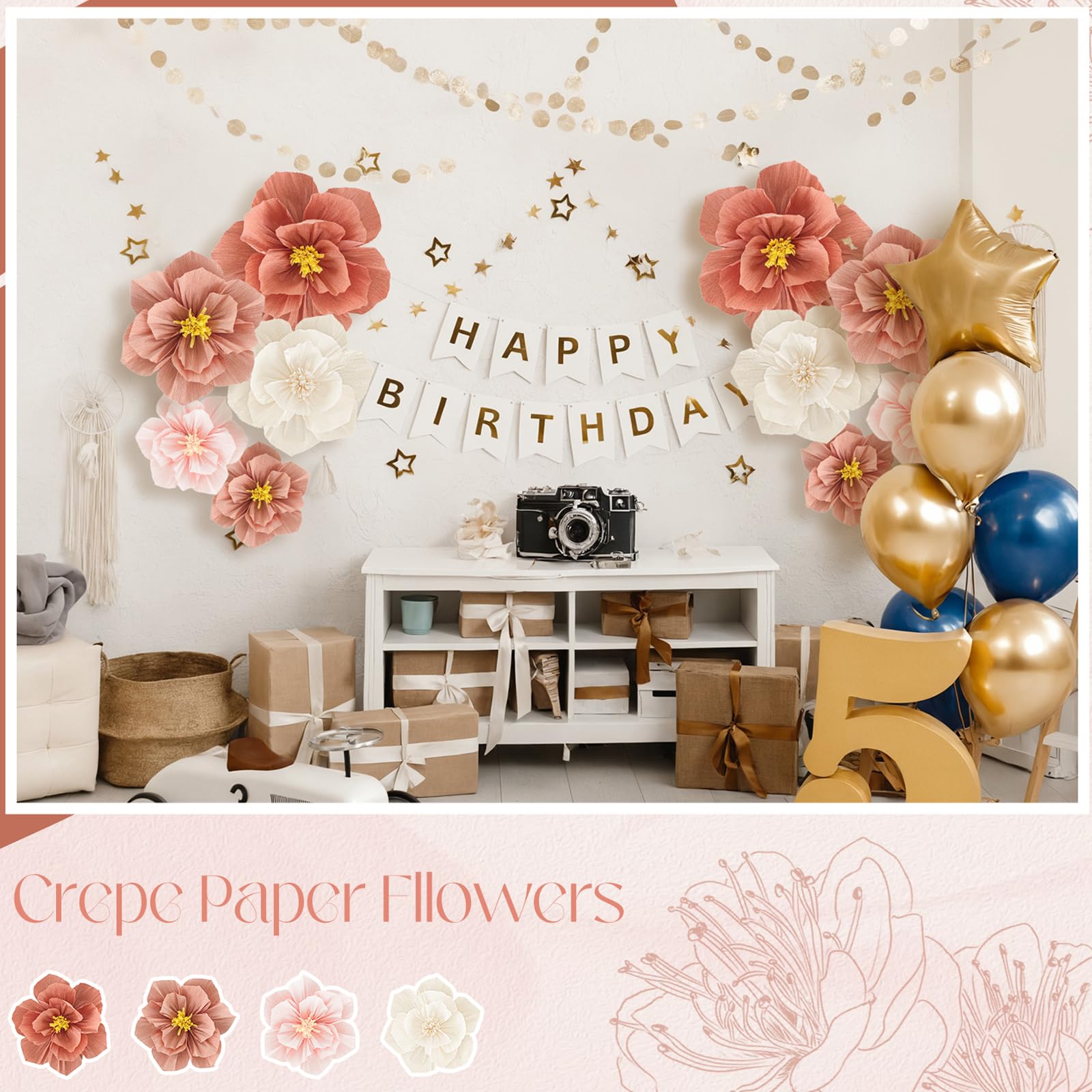 MicButty Tissue Paper Flowers Decorations Set - 5 Pink Paper Flowers With Butterflies & Eucalyptus Leaves For Wall, Wedding, Party Backdrop