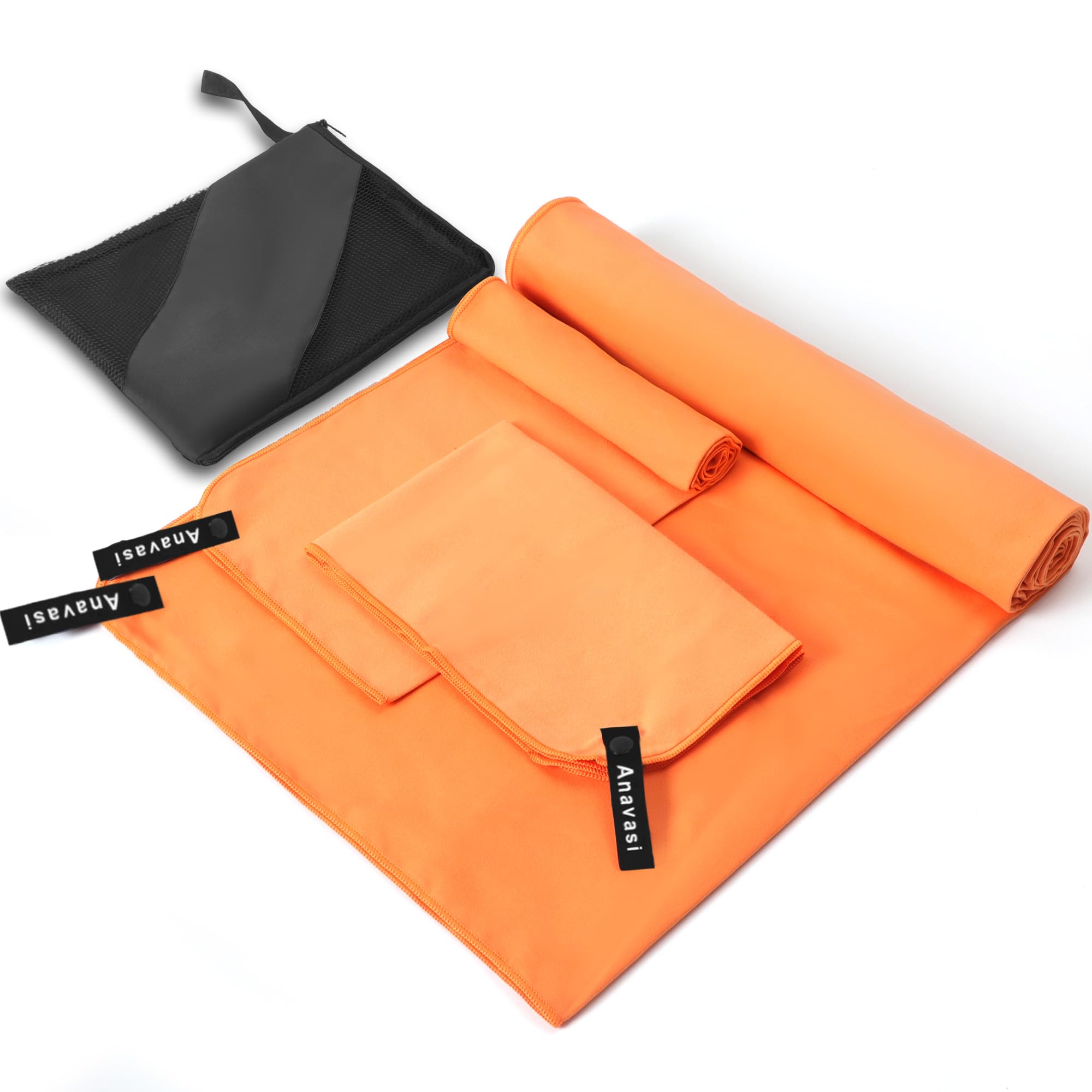 Anavasi 3 PCS Microfibre Towels for Adults,(180 * 80 + 80 * 40 + 50 * 30) Microfibre Gym Towels with Net Bag, Lightweight and Quick Dry Travel Towel for Camping Travel Sports (Orange)