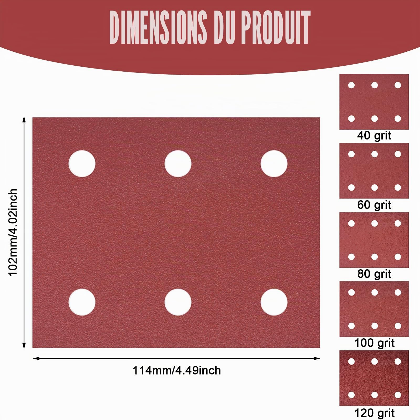 Lot de 50 feuilles de papier abrasif auto-agrippant 102 mm x 114 mm, grain 40/60/80/100/120, 6 trous, compatible avec Makita BO4555 BO4554 BO4561