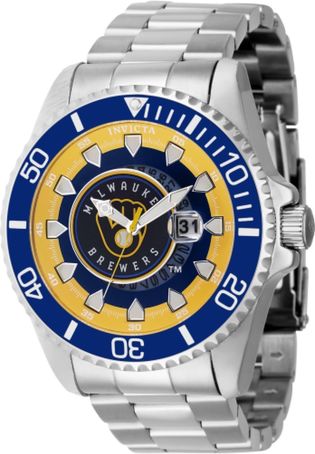MLB - Milwaukee Brewers 43469 Men's Watch - Waterproof - Analogue - Quartz Movement - Stainless Steel with Yellow dial - 47mm