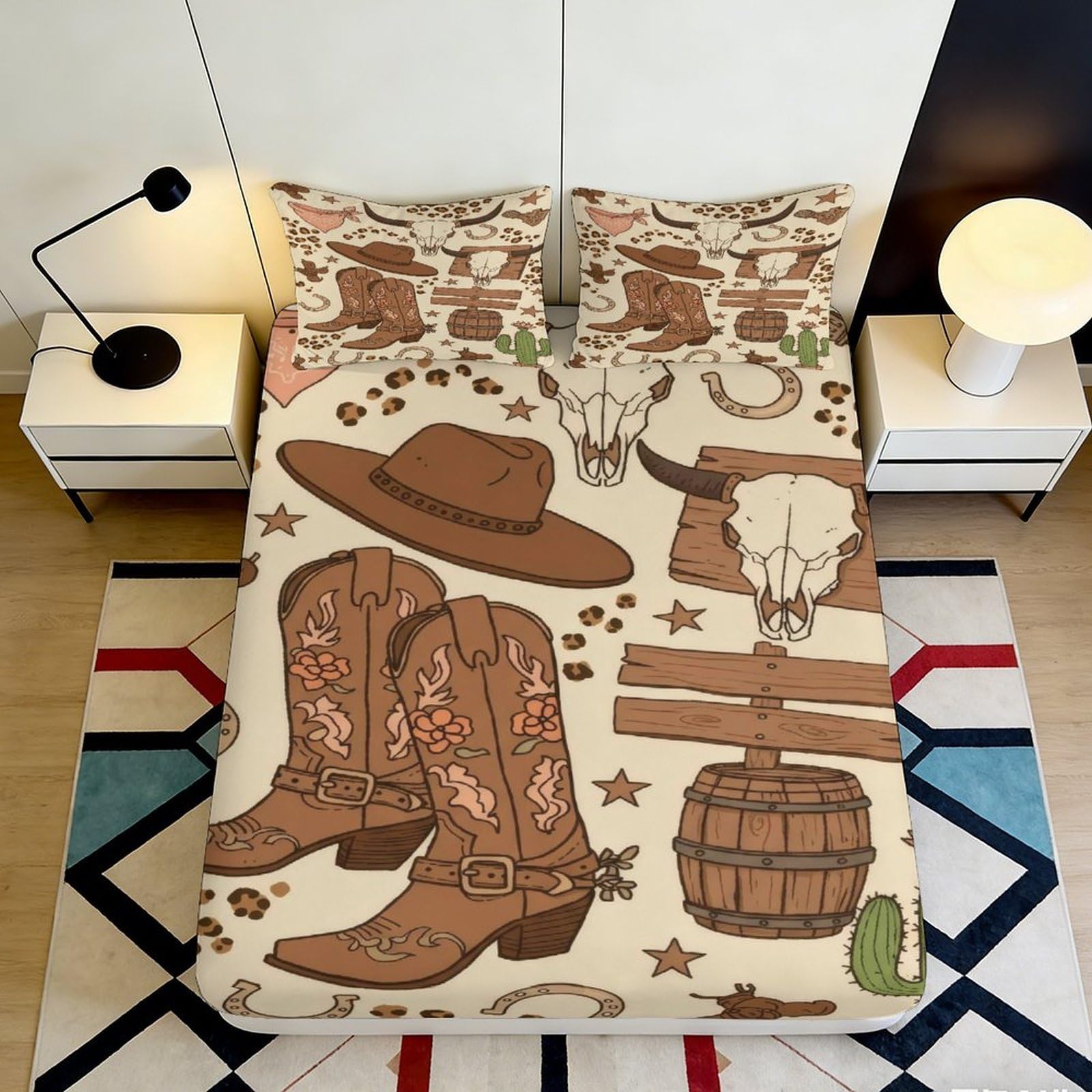3D Printed Western Cowboy Fitted Sheet Microfiber Anti-Slip Rustic Rodeo Bed Cover Bedroom Decor Mattress Protector 90x200x25cm