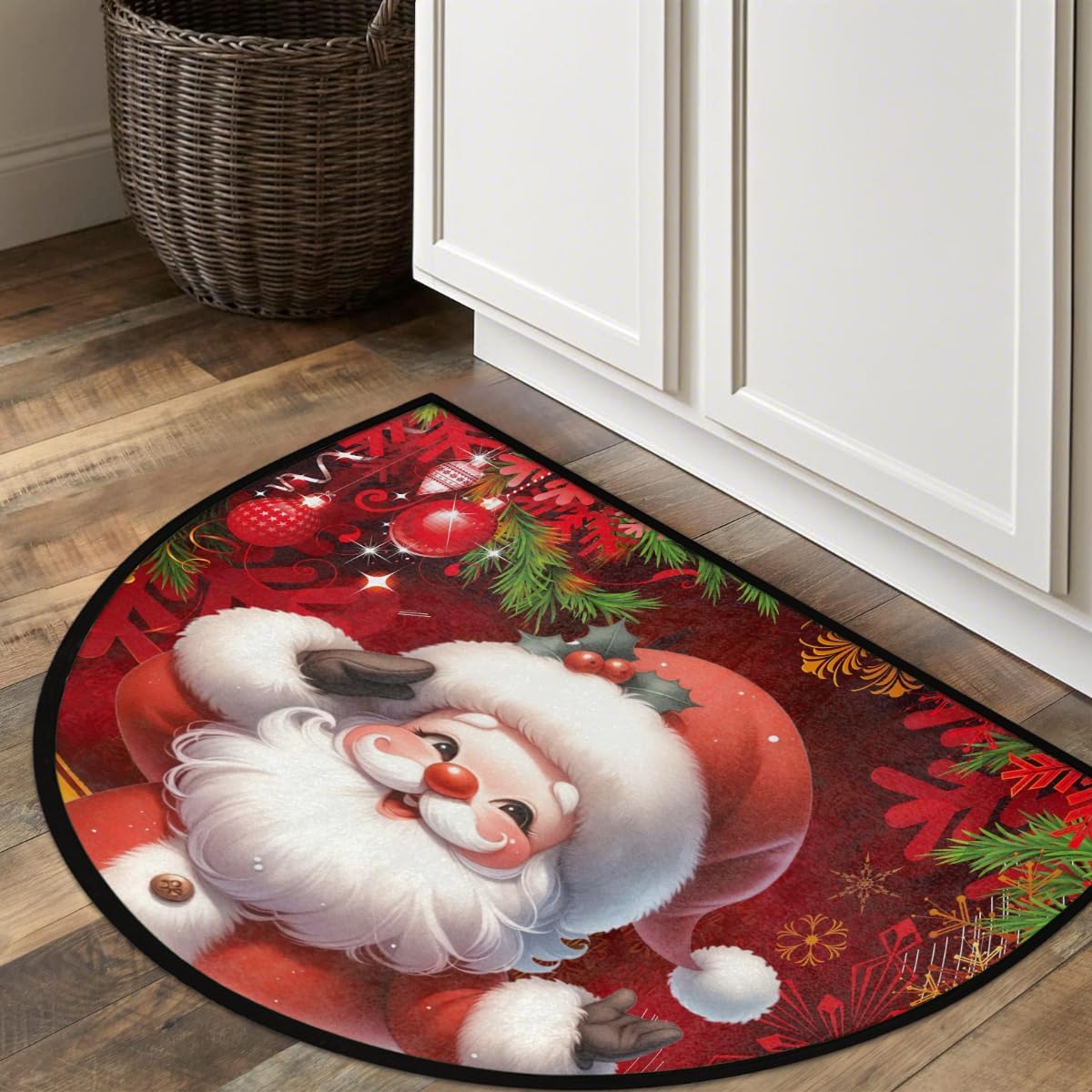 Half Round Door Mat Christmas Santa Claus Red Non Slip Absorbent Semi Circle Area Rugs Washable Half Moon Floor Mats for Indoor Patio Kitchen Bathroom Entryway Fireplace Home Carpet Festival Decor