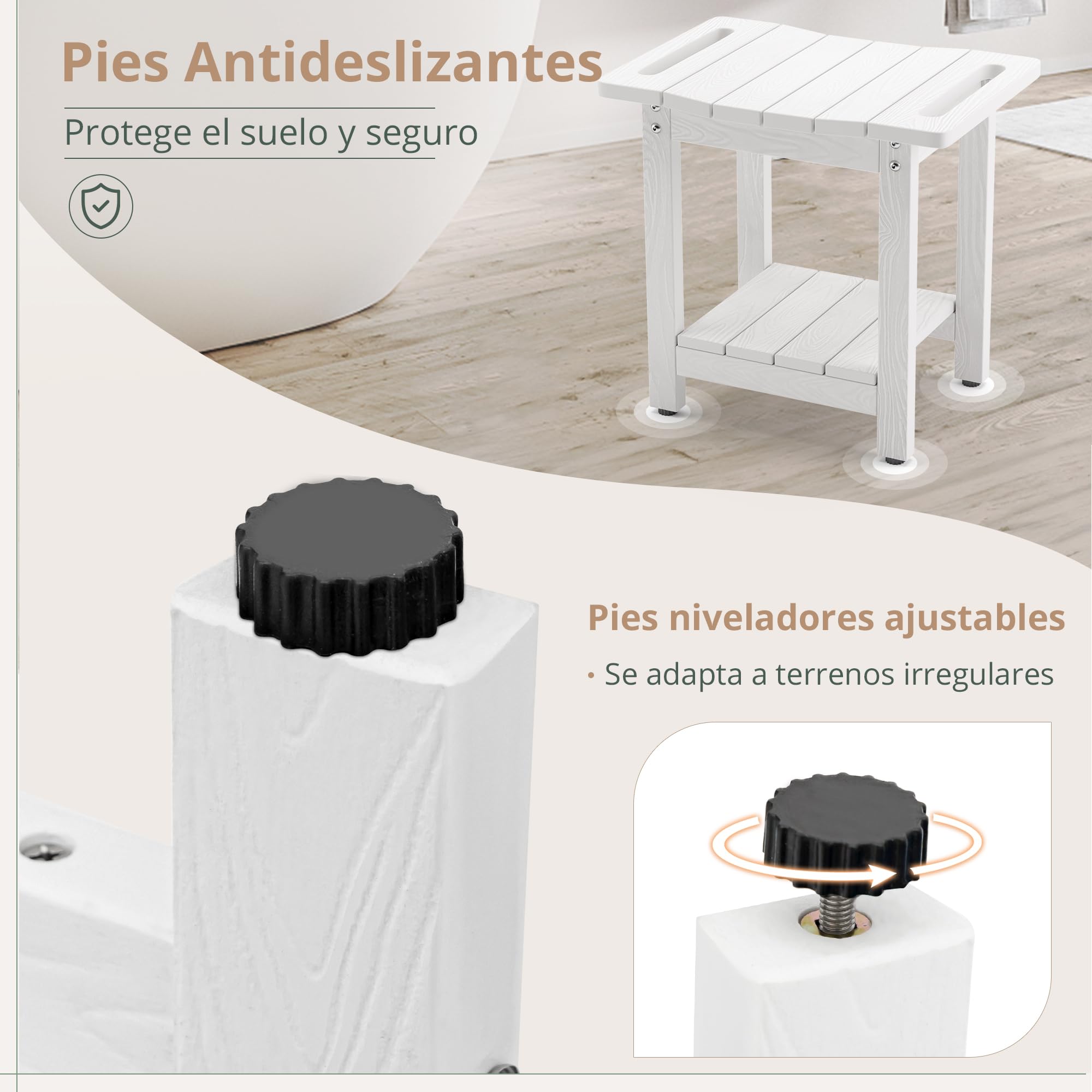 LUE BONA Taburete de Ducha HDPS, Asiento Impermeable con Estante para Baño, Banco Antideslizante para Interior y Exterior, Resistente al Clima, Blanco
