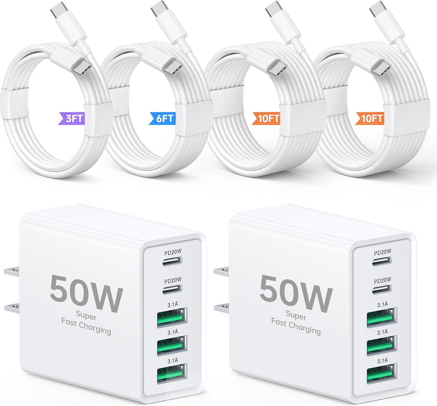 2-Pack 50W USB C Wall Charger, 5-Port PD Fast Charging Block with 3/6/10/10FT USB C Cables, Multiport Type C Power Adapter for iPhone 17/16/15/14/13 Pro Max, iPad, Switch, Samsung Galaxy S26/S25 Ultra