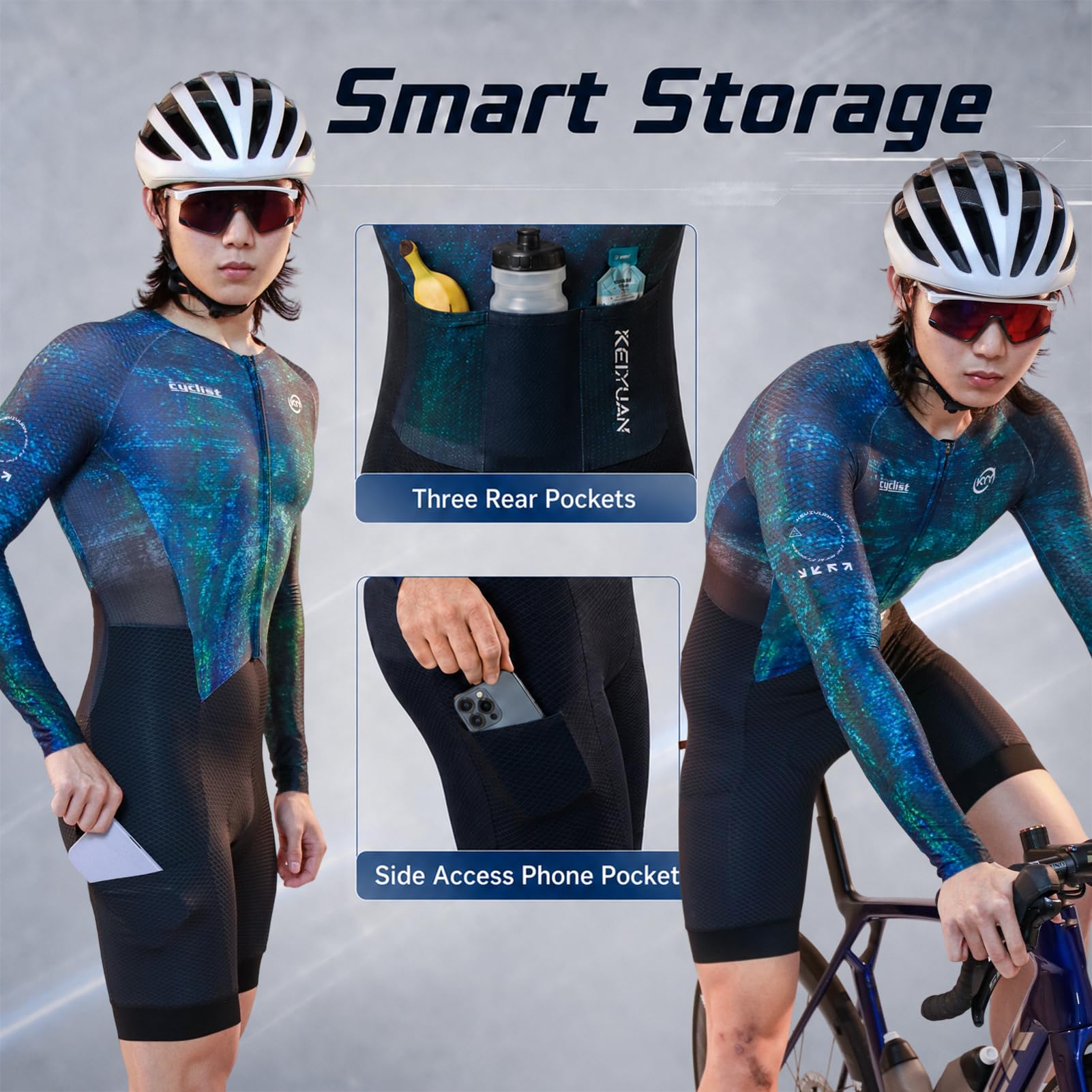 Herren Rennrad-Einteiler Langarm | Aero-Skinsuit, hochdichtes Sitzpolster, atmungsaktiv, schnelltrocknend, UPF 50+ & 3 Rückentaschen – für Rennrad & Triathlon