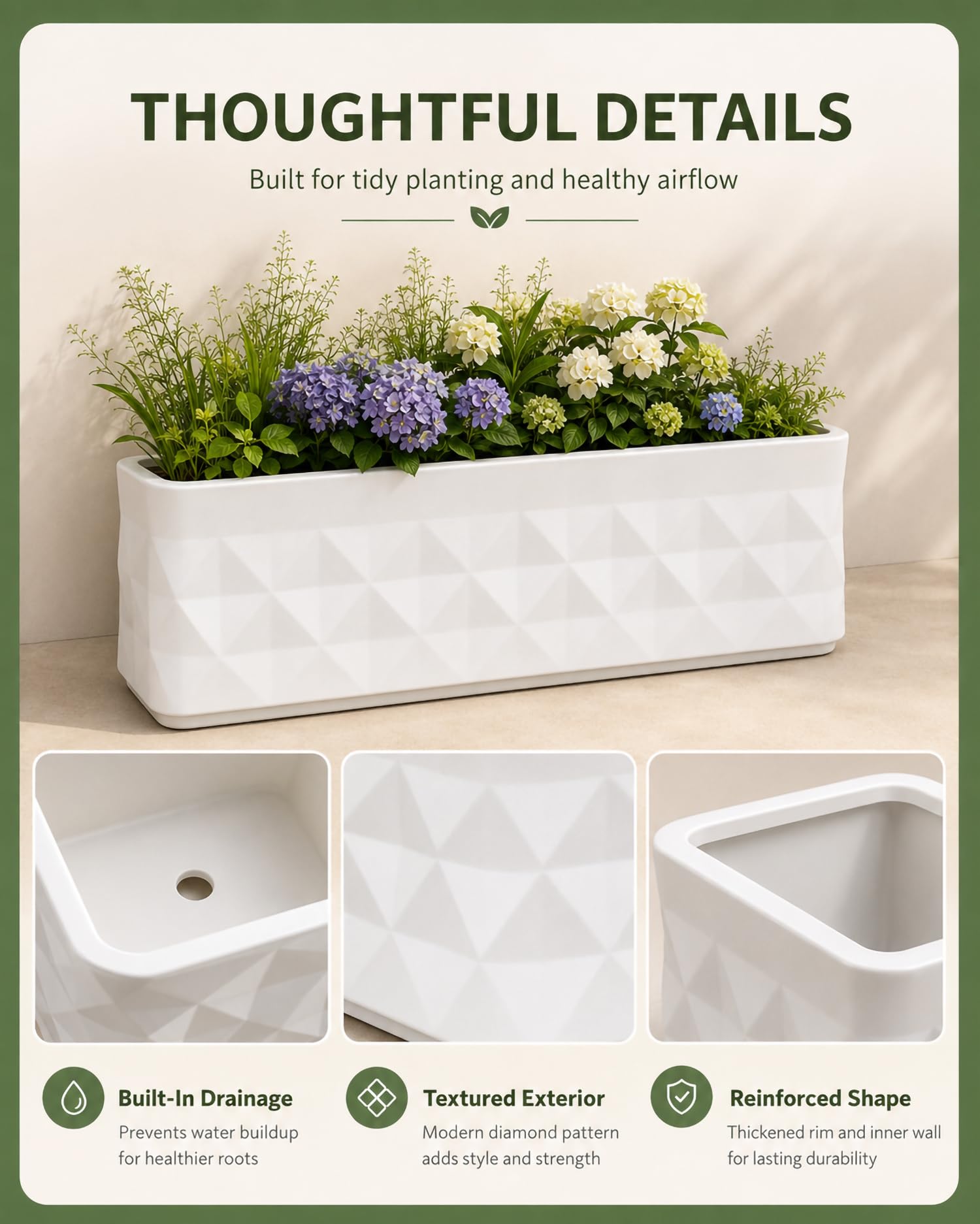 Jardinera Exterior Grande con Patrón De Diamante, Forma Reforzada Y Drenaje, Jardinera Elevada para Balcón, Macetero Exterior para Flores Y Plantas Pequeñas,Blanca,58 * 58 * 30cm